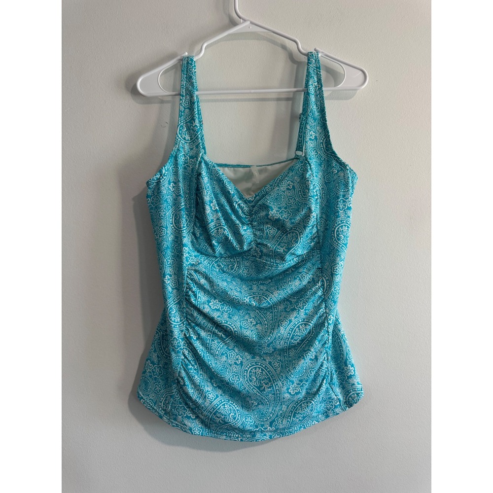 Lands End Paisley Tankini Top Women 14 Blue Ruched Sweetheart‎ Neckline Swim